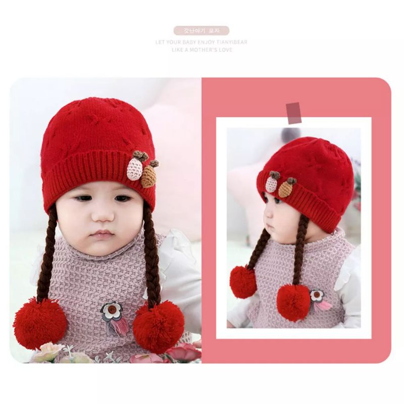 JF COLLECTION [Bordir Nama] Topi Kupluk Rajut Kepang Anak Bayi Perempuan Hiasan Nanas Rambut Kuncir-2