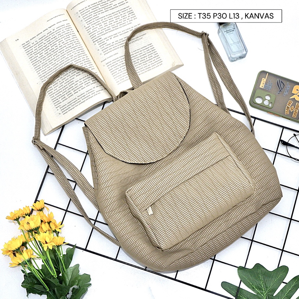 Bayar di Tempat COD Tas Ransel Serut Bahan Kanvas KANTONG Depan Ukuran Medium tas punggung wanita-Warna 608