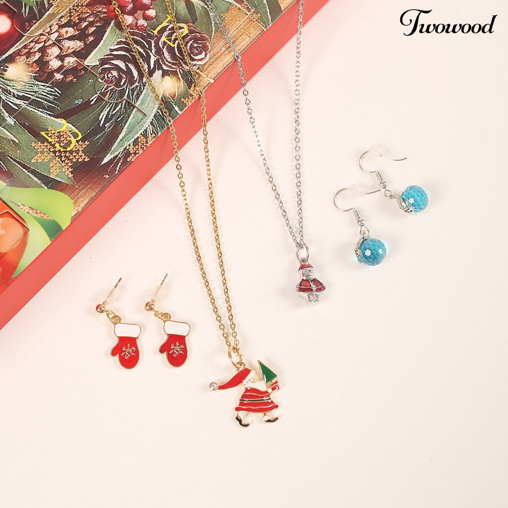 Twowood 1 Set Jewelry Advent Calendar Christmas Tree Elk Pendant Decoration Girls Christmas Element All Match Necklace Earrings Ear Studs for Party