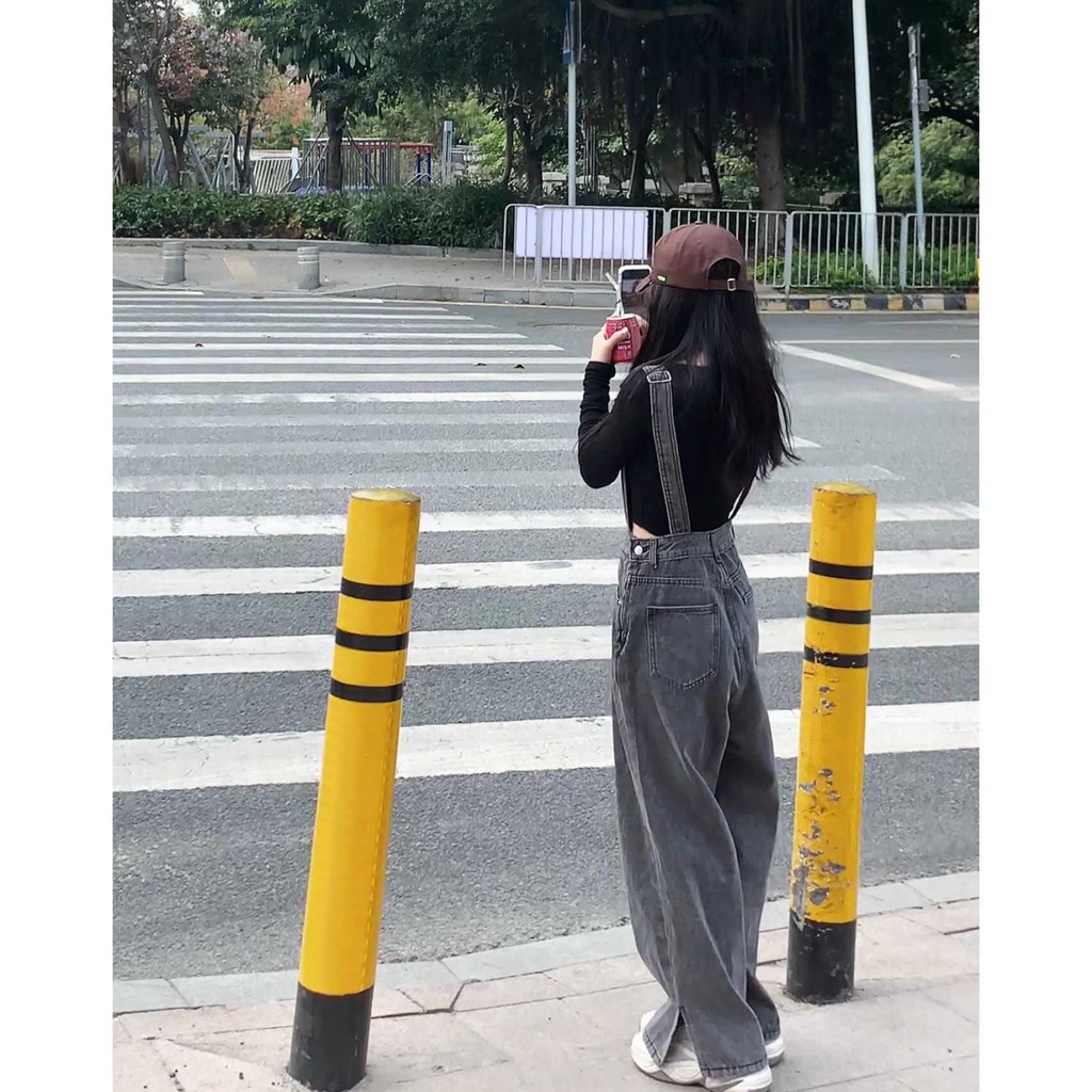 Overall denim hitam abu-abu wanita 2022 musim panas baru retro Hong Kong rasa celana longgar pinggan