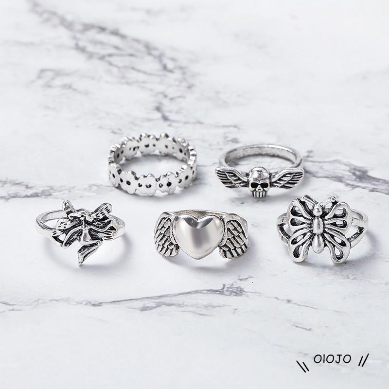 【COD】5pcs / Set Cincin Model Terbuka Desain Kerangka Kupu-Kupu Hati Hollow Out Gaya Vintage Kreatif