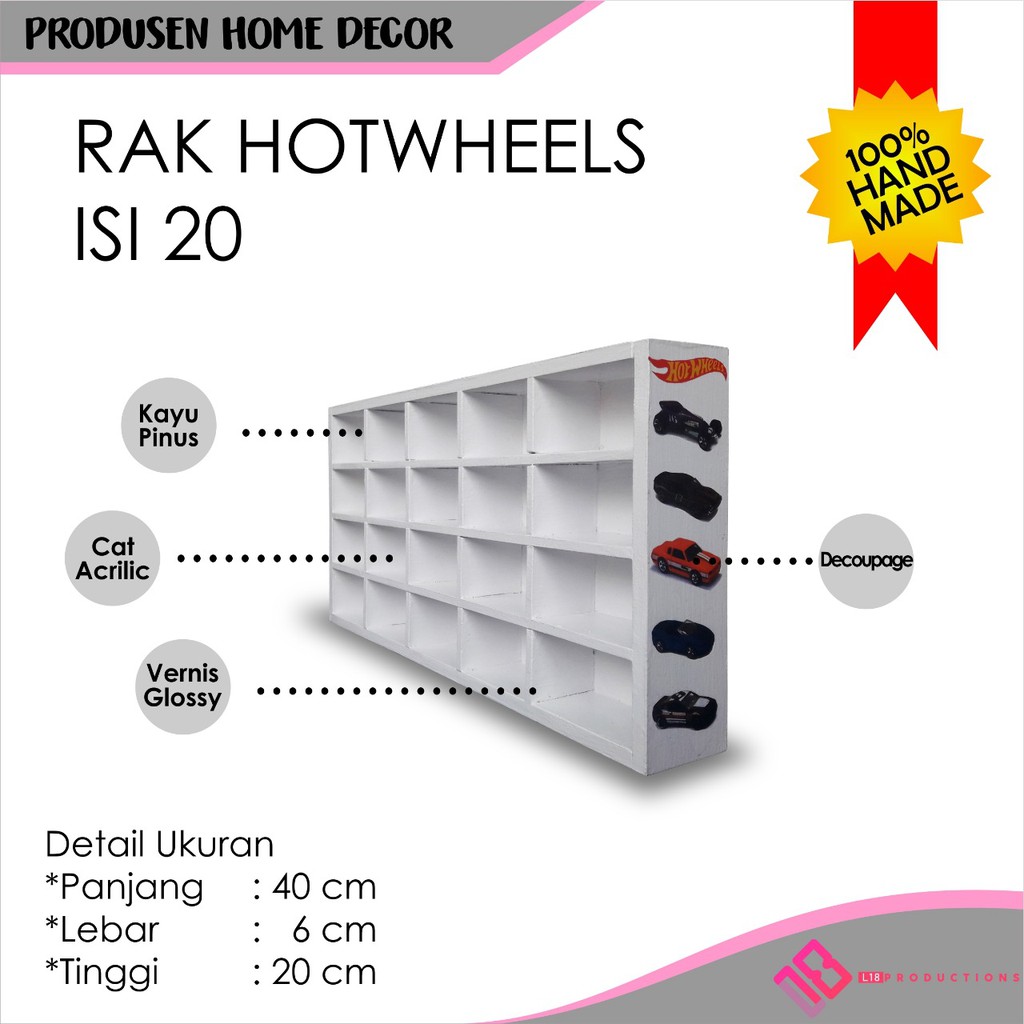 Dine Wood Rak Tempat Hotwheels Kayu Mobil-Mobilan Mainan Anak Isi 20 Hiasan  Dekorasi 40x20 Cm