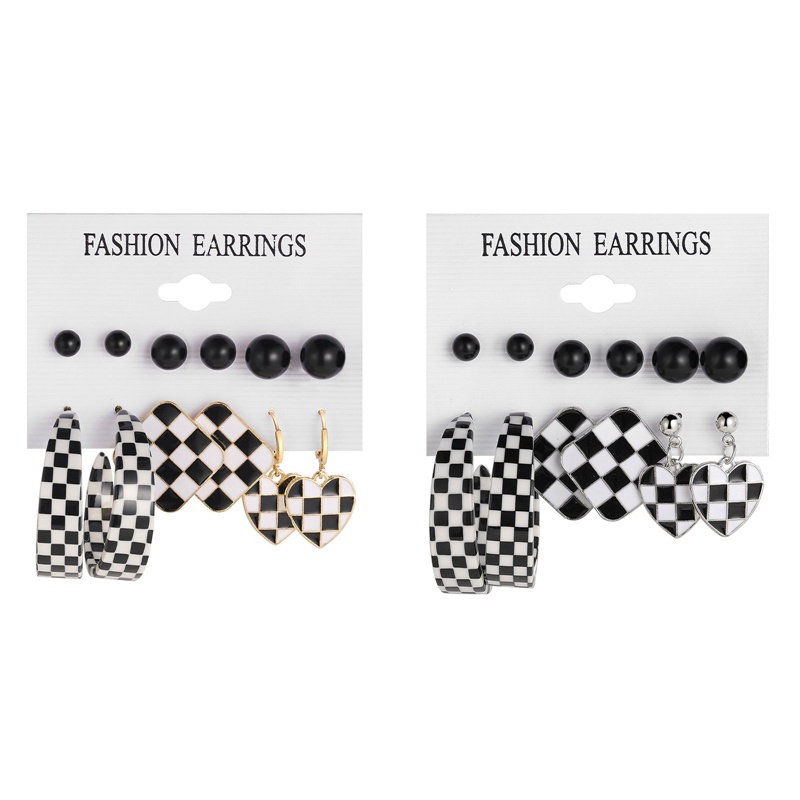 6 Pasang / Set Anting Tusuk Gantung Bahan Metal + Akrilik Desain Hati / Persegi / Kotak-Kotak Gaya Vintage / Elegan Untuk Wanita