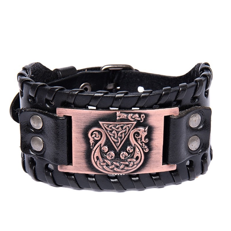 [Z H Perhiasan] Hip Hop Rock Retro Pria Fashion Stainless Steel Viking Rune Gelang Kulit Pesta Perhiasan Aksesoris