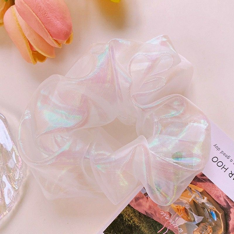 Ikat Rambut Scrunchie Cepol Bahan Satin Transparan Hologram Unicorn Gaya Korea