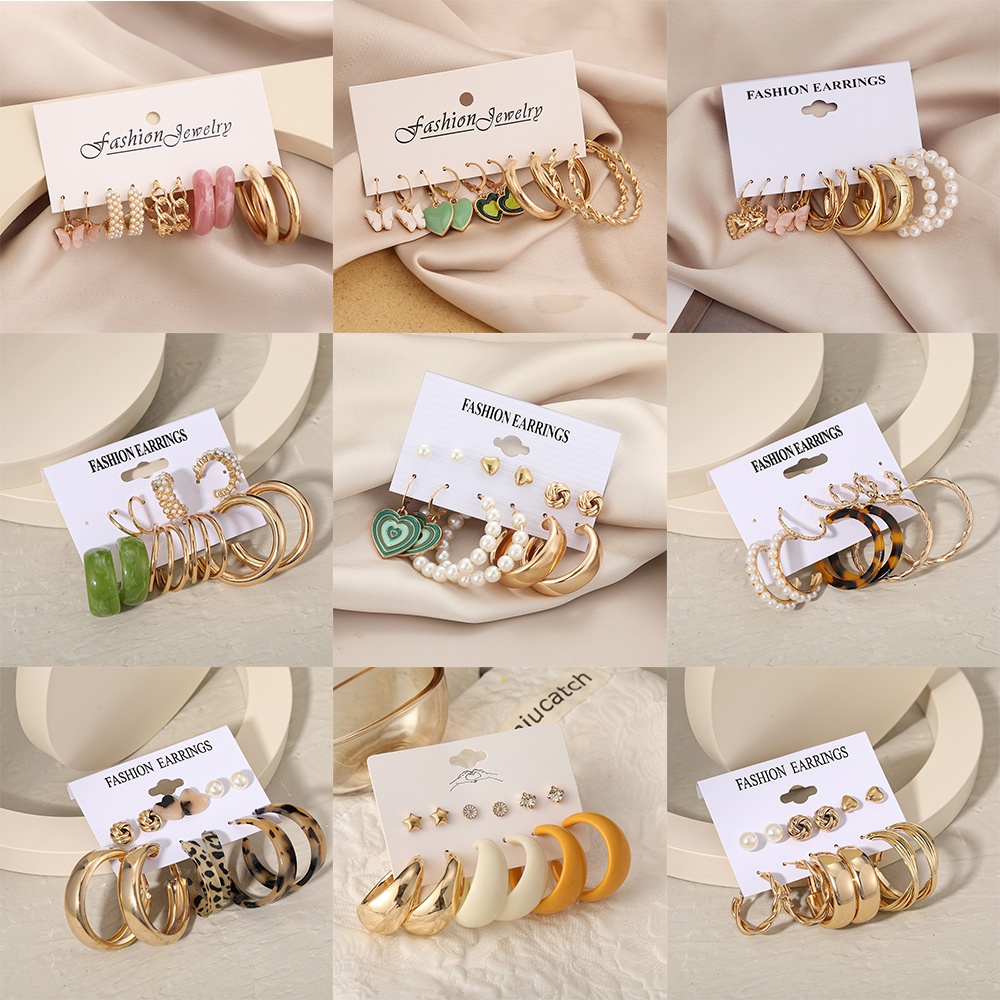 18pcs / Set Anting Hoop Hias Mutiara Berlian Bahan Alloy Untuk Wanita