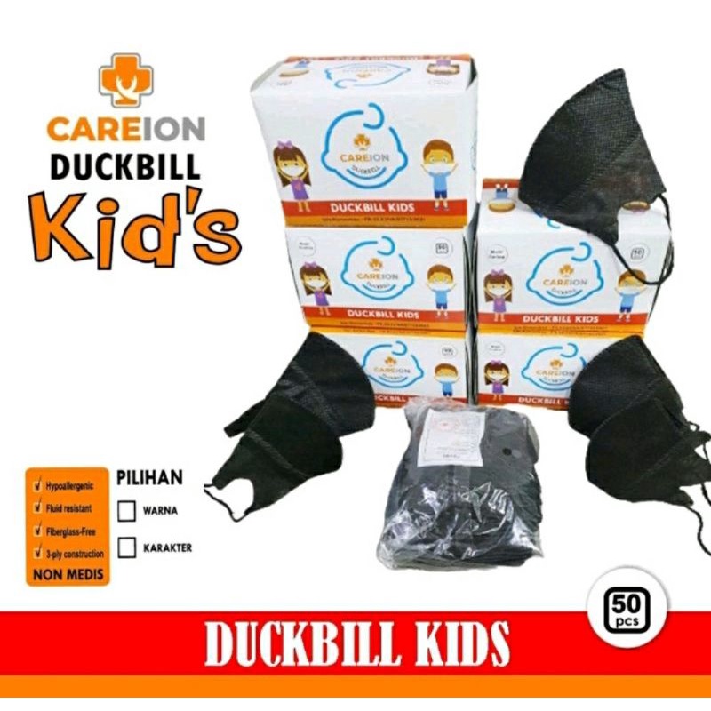 Masker duckbill anak polos putih hitam isi 50 pcs / Masker duckbill anak putih hitam / Masker duckbil anak garis hitam