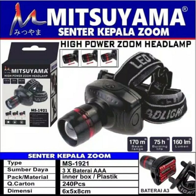 Senter Kepala // Headlamp High Power Zoom Mitsuyama MS - 1921