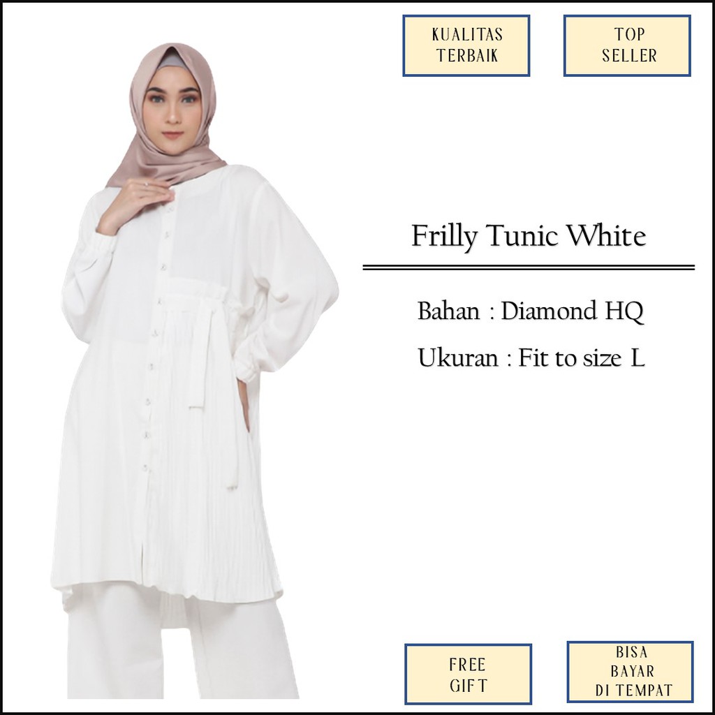 Baju Atasan Tunik Tunic Wanita Muslim Putih Polos Plisket Panjang Premium Bahan Diamond Size L M1249