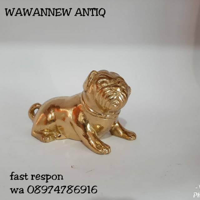 Miniatur Pajangan Meja Lemari Pintu Rumah Kuningan Antik Murah Motif Anjing Bulldog 11.5cm