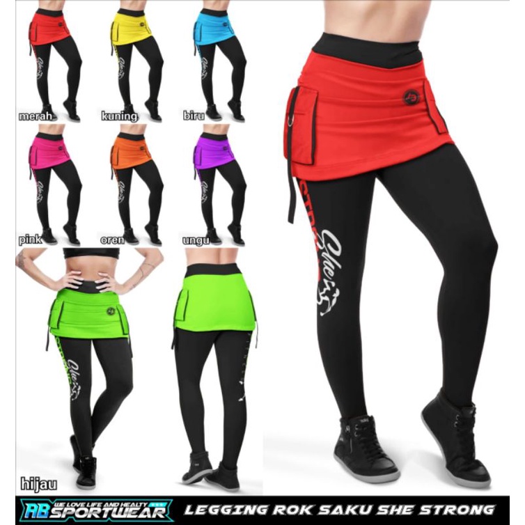 Celana Legging Rok saku/kantong SHE STRONG, Leging rok sport olahraga Senam Gym Yoga tebal & terbaru