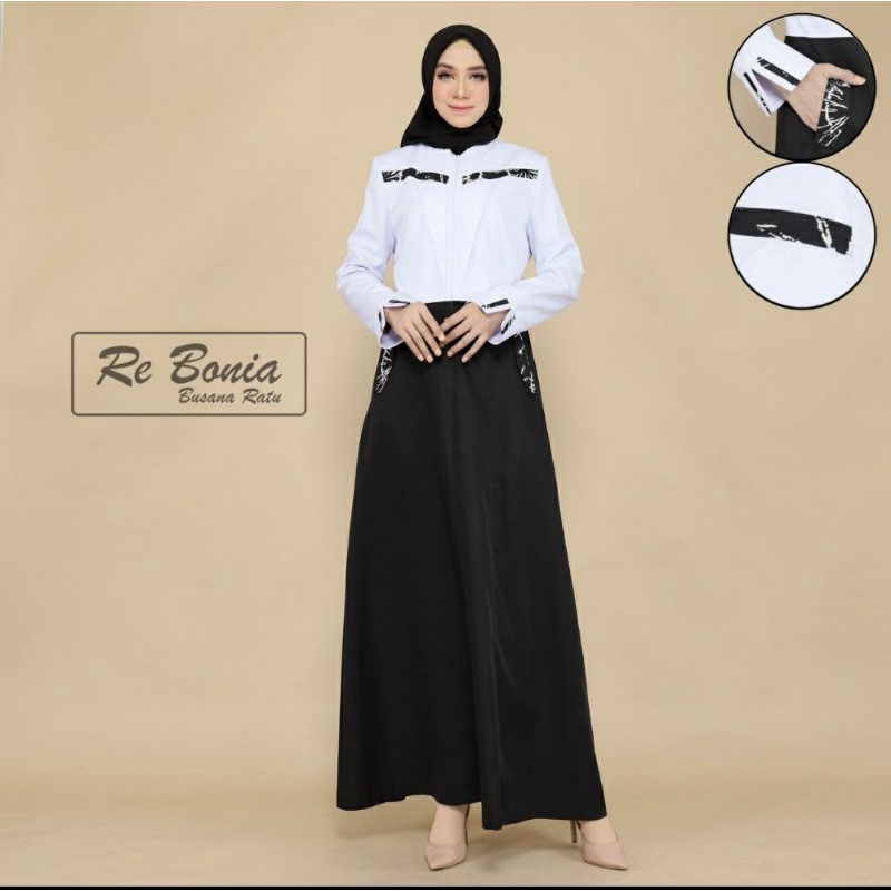 Gamis re bonia/gamis Hipu/gamis putih hitam