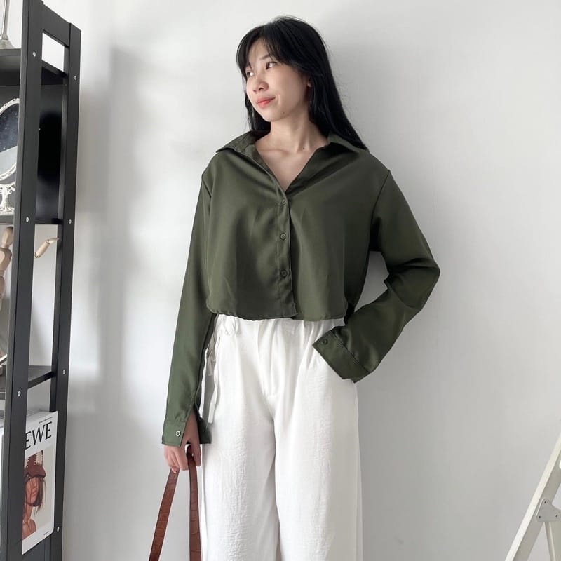 Tq88indonesia Fashion Kemeja Crop Wanita Lengan Panjang /  Long Lexa Sakura / RIABELA Crop  / Hem / Kem Polos / Busana Casual Cewek / Ootd / Oufit Kasual Kekinian