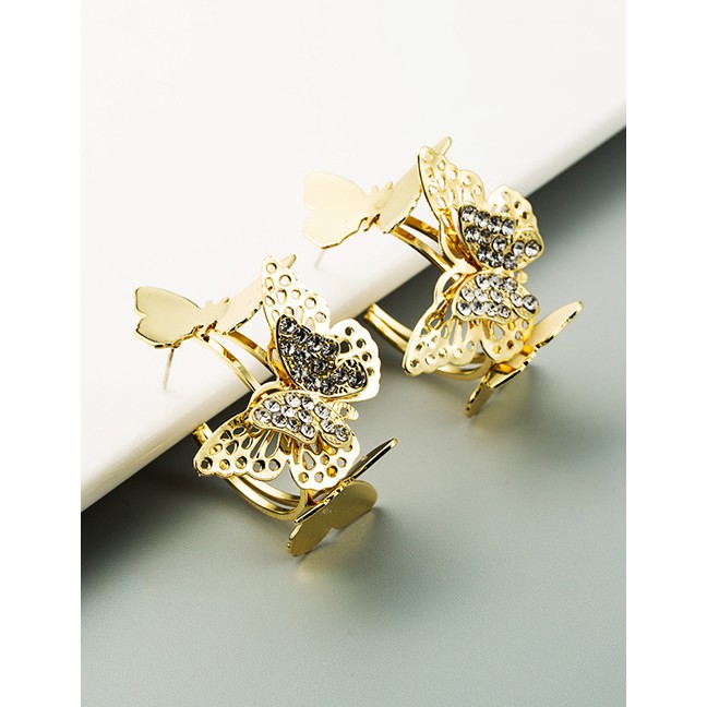 LRC Anting Tusuk Fashion C-shaped Butterfly And Diamond Alloy Hollow Earrings K69824