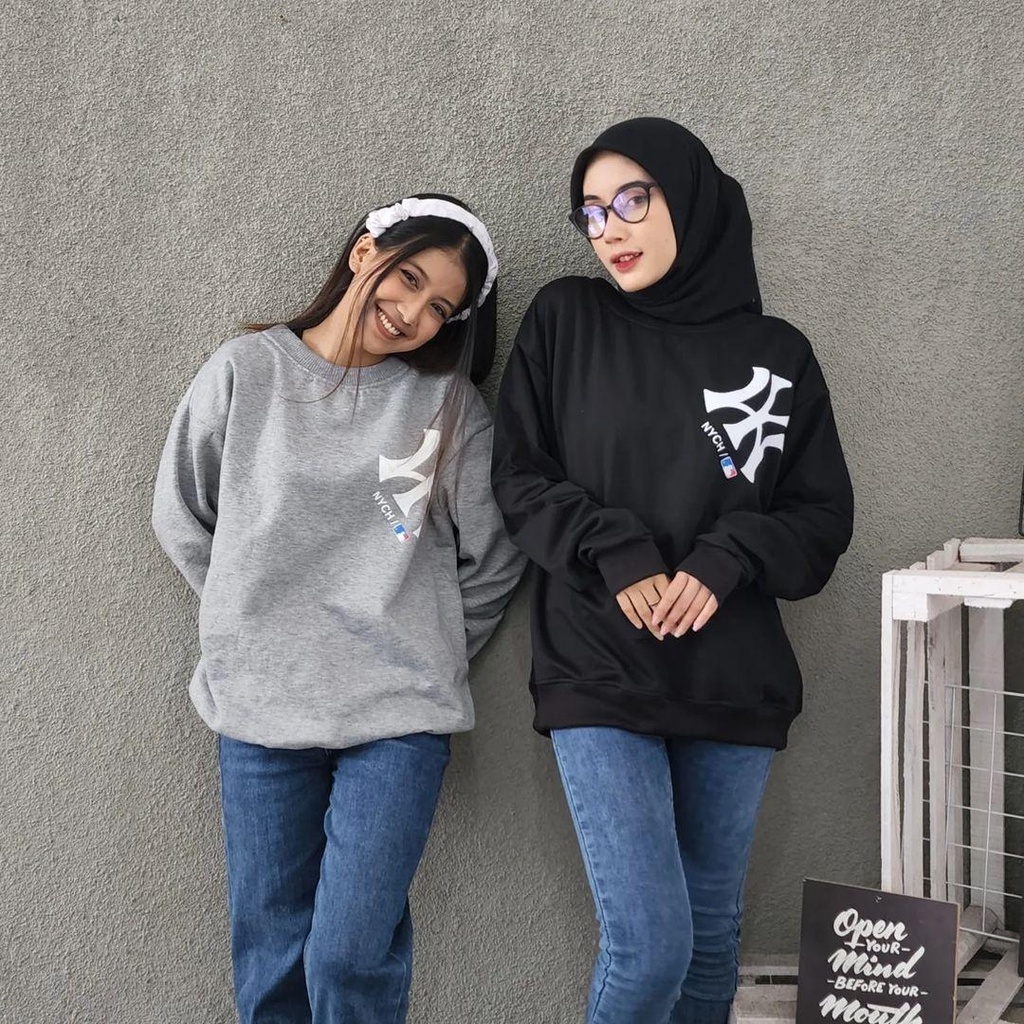 Sweater NYCH Crewneck Basic Oversize Wanita Lengan Panjang Fleece Premium