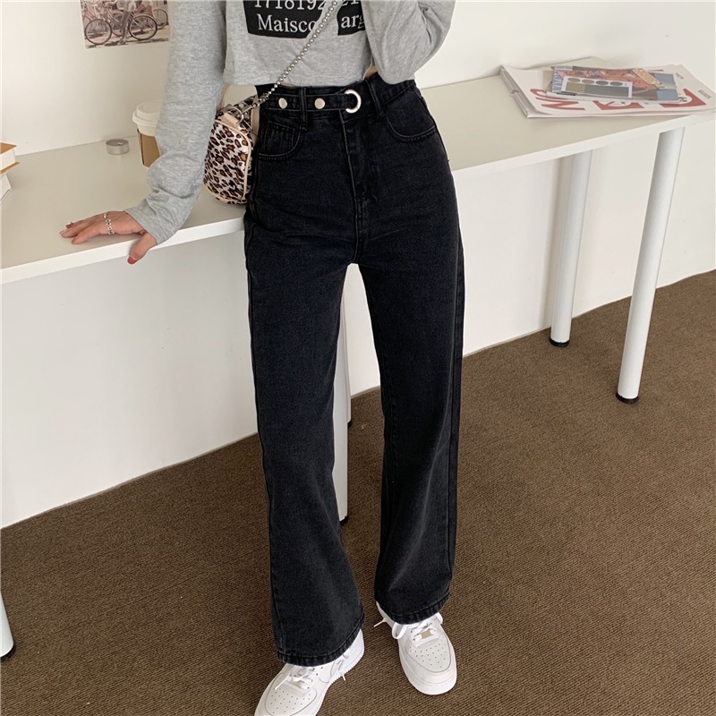 korean style new hitam kekinian longgar pengait celana jeans panjang wanita