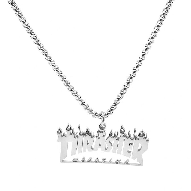 Thrasher Kalung Rantai Titanium Steel Liontin Tulisan Quenching Gaya Hip Hop Punk Untuk Pria