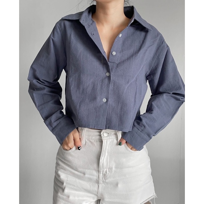 Ceya Top | Kemeja Crop Linen Lengan Panjang | Outer Crop Linen - Atasan Wanita 993-Blue Denim