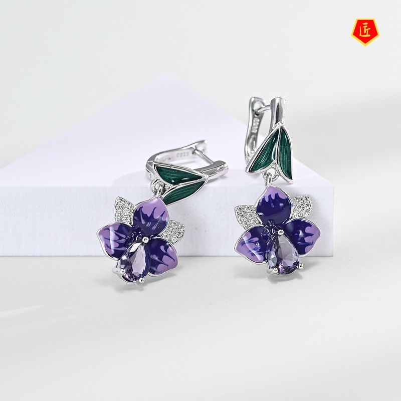 [Ready Stock]Dark Purple Flower Earring Ring Necklace Set for Women