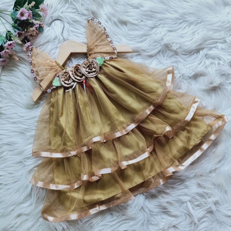 A8 dress pesta anak / gaun anak bayi / baju pesta anak 6 - 12 bulan-Kuning gold