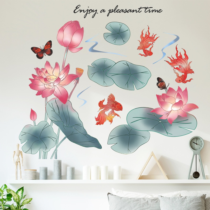 2pcs / set Stiker Dinding Desain Lotus Pond Dan Lotus Koi Butterfly Floral Gaya China Untuk Dekorasi Kamar Tidur