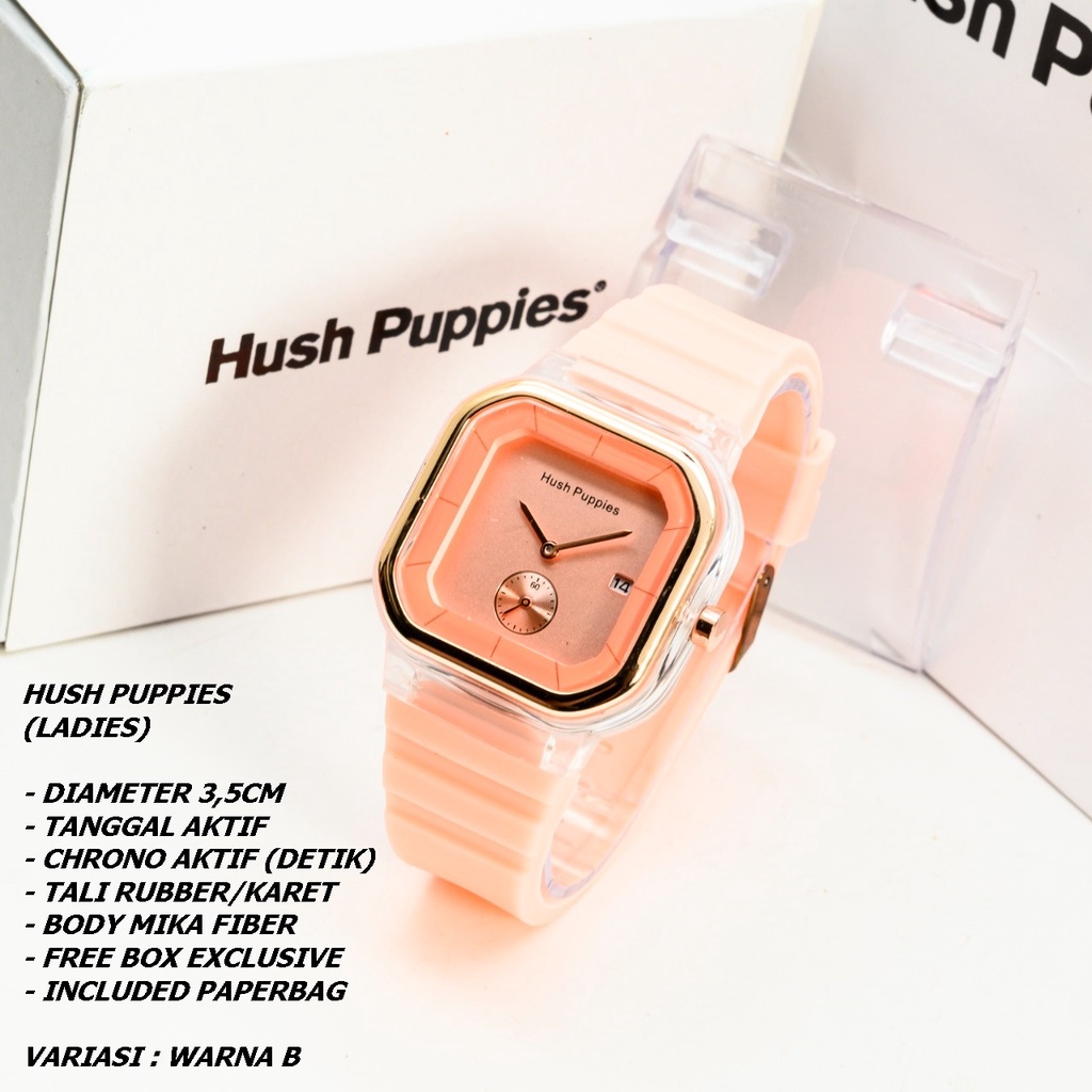 JAM TANGAN WANITA HUSH PUPPIES TALI RUBBER BODY SEGI TANGGAL &amp; CHRONO AKTIF