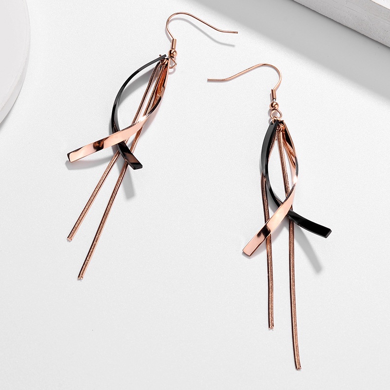 Anting Jepang Korea Produk Baru Dimodifikasi Bentuk Wajah Berkelas Anting Hitam Panjang Titanium Steel 18K Rose Gold Anti-Gagal Tidak Alergi Ready Stock Utuh