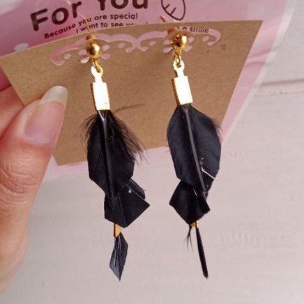 Black Swan Triple Feather Elegant Classy Party Long Earring Stud-Anting Bulu Angsa Hitam Cantik Lucu