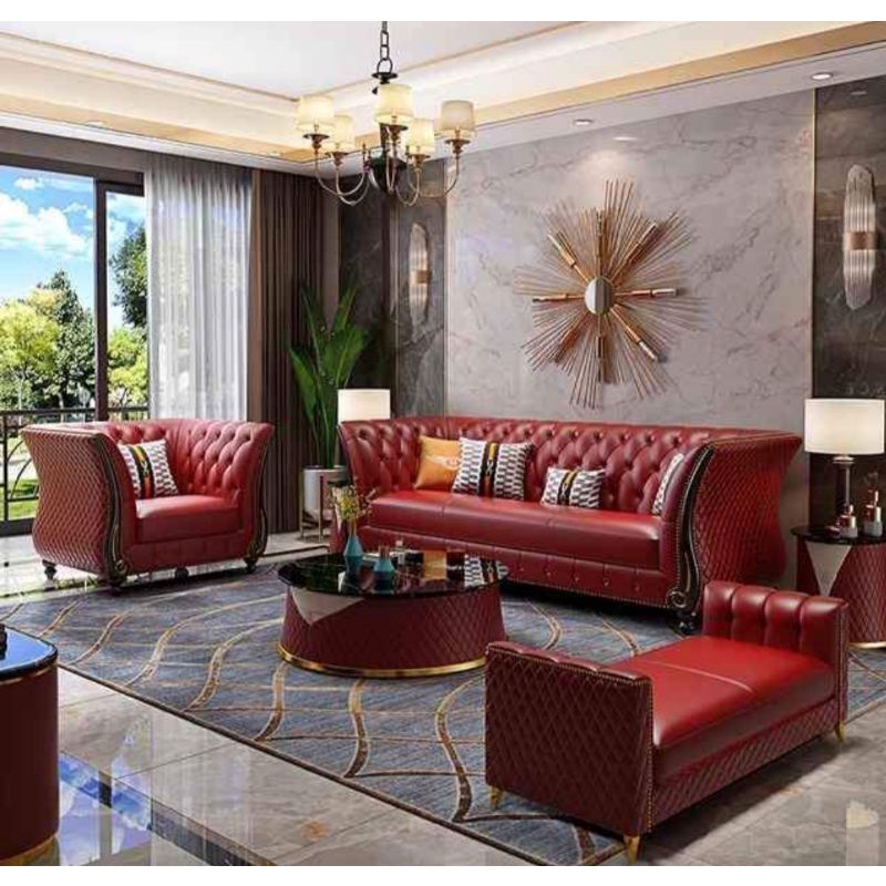 SOFA / KURSI RUANG TAMU RETRO KAYU JATI (321) MEWAH BAHAN BERKUALITAS MODERN WARNA MERAH BERGARANSI