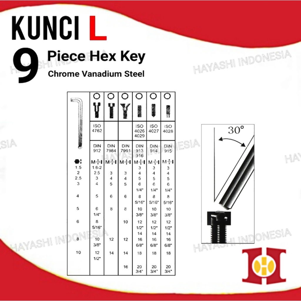 Kunci L Panjang 9 Piece Hex Key Kunci L Set