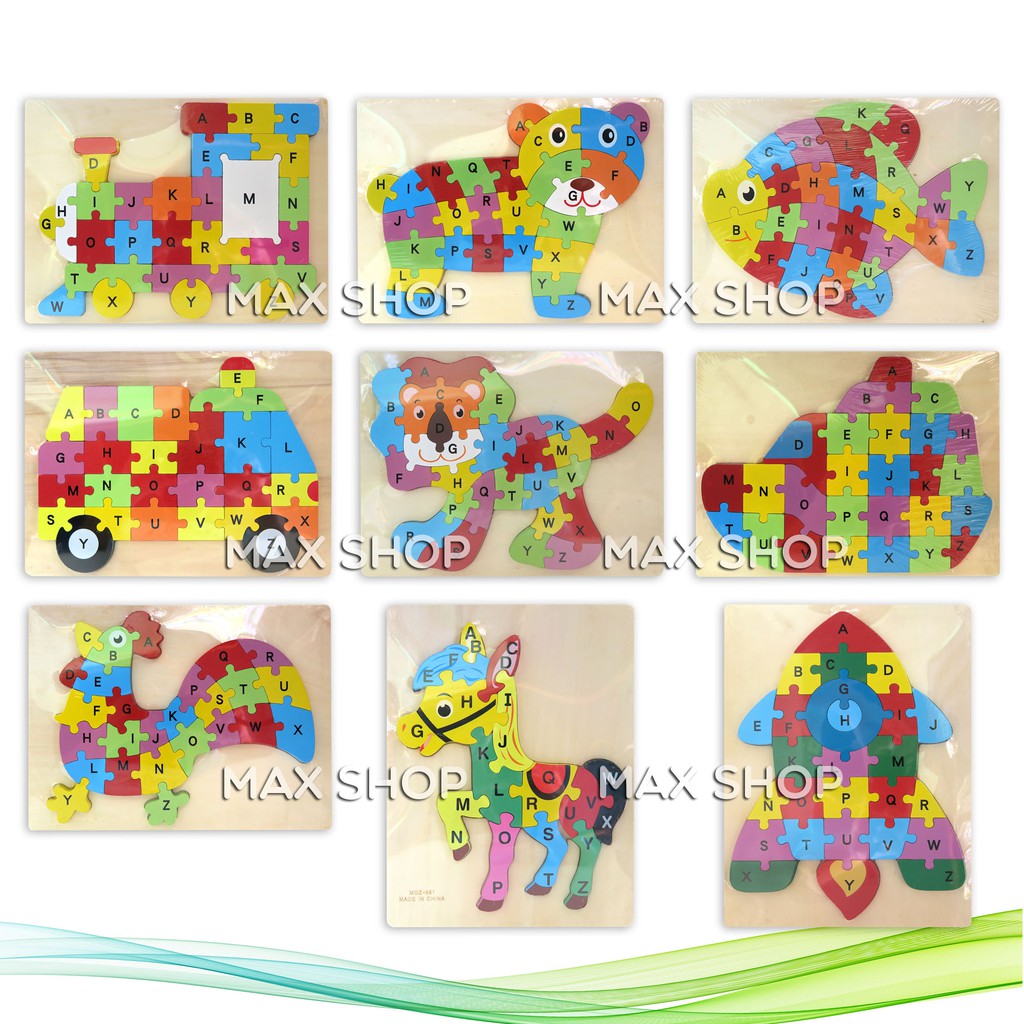 Mainan Anak Wooden Puzzle Kayu - Kereta Api - Roket - Ikan