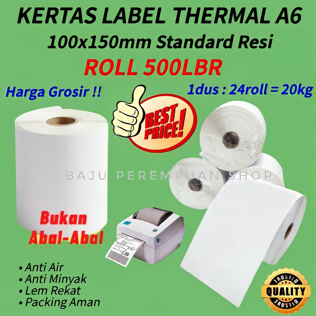 GROSIR Kertas Thermal Label Sticker Barcode 100x150 ROLL 350pcs LIPAT 500lbr ukuran A6/Stiker Termal Tanpa Ribbon