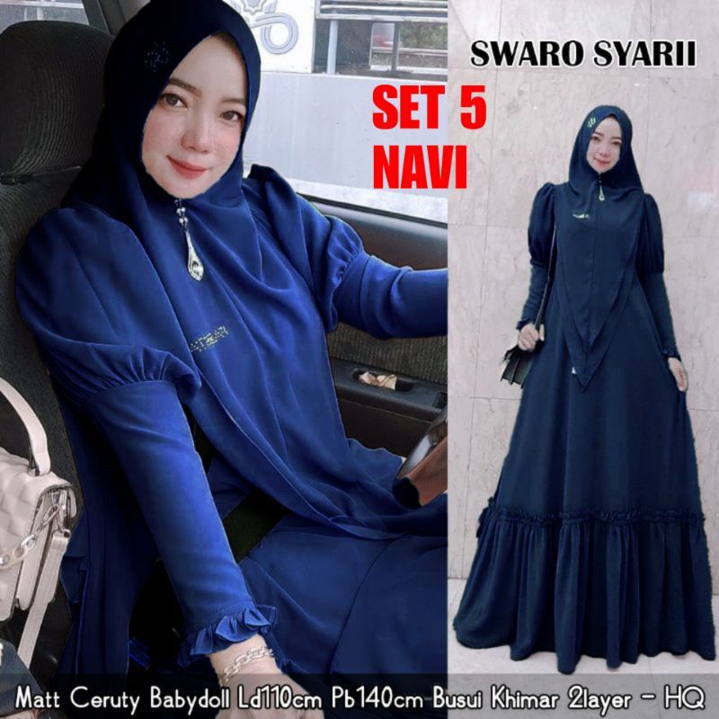 SWARO SETELAN GAMIS SYAR'I SET KHIMAR  WANITA 2 LAYER CERUTY BEBYDOLL ORIGINAL FULL FURING