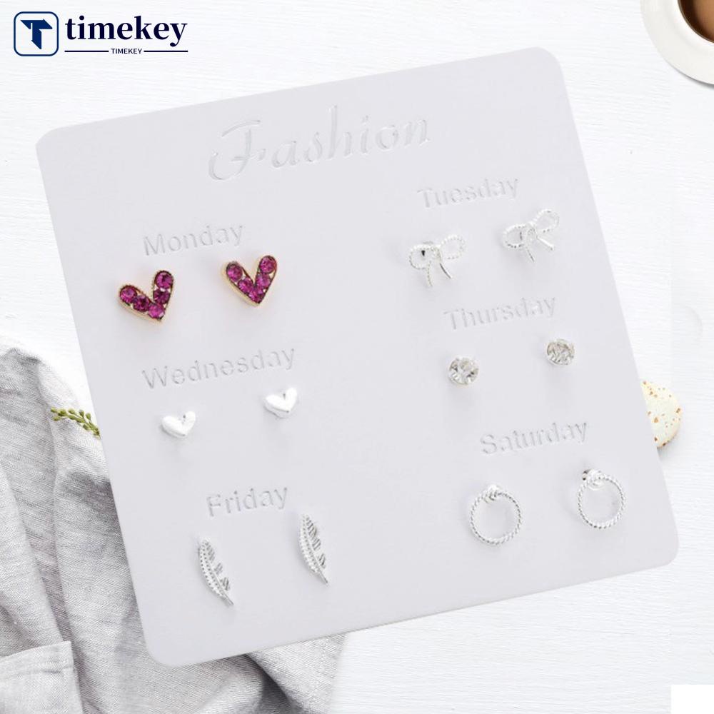 Timekey 6 Pasangset Anting Tusuk Aneka Desain Hias Berlian Imitasi Gaya Korea Untuk Wanita A1K9