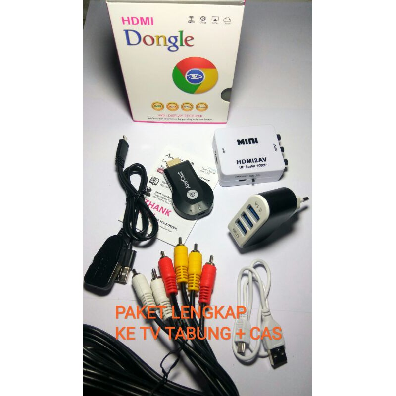 Paket Lengkap Layar HP Android ke TV TABUNG/LED/Monitor dengan Anycast Miracast /Hdmi Dongle pixel 1080P/ Mirroring dongle Anycast