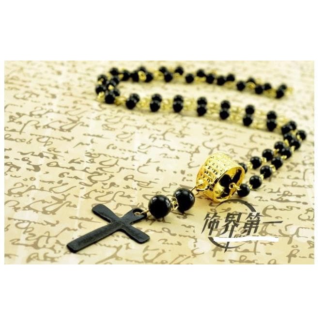 NR kalung salib hitam rantai mutiara black beads cross gold ring jka061