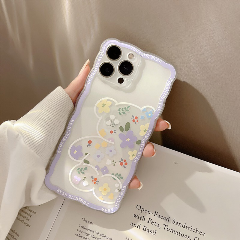 Soft Case Silikon Motif Bunga Beruang Ungu Untuk IPhone 7 8 Plus X XR XS Max 11 Pro Max 12 13 Pro Max SE 2020