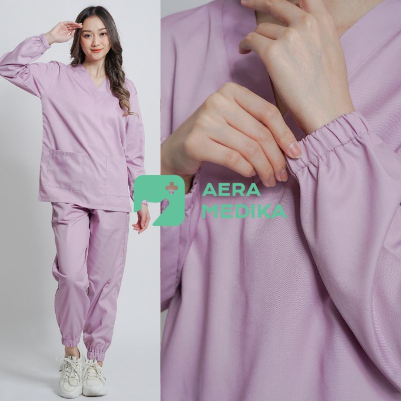 (KRT) - SET Baju Jaga Perawat / Baju Dokter / Baju OK / Seragam Medis / Scrub / Oka Lengan Panjang - AERAMEDIKA