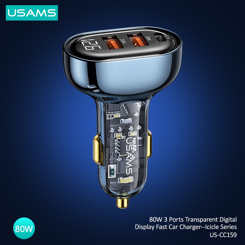 USAMS Fast Car Charger 80W 3Ports Transparent Digital US-CC159 Original