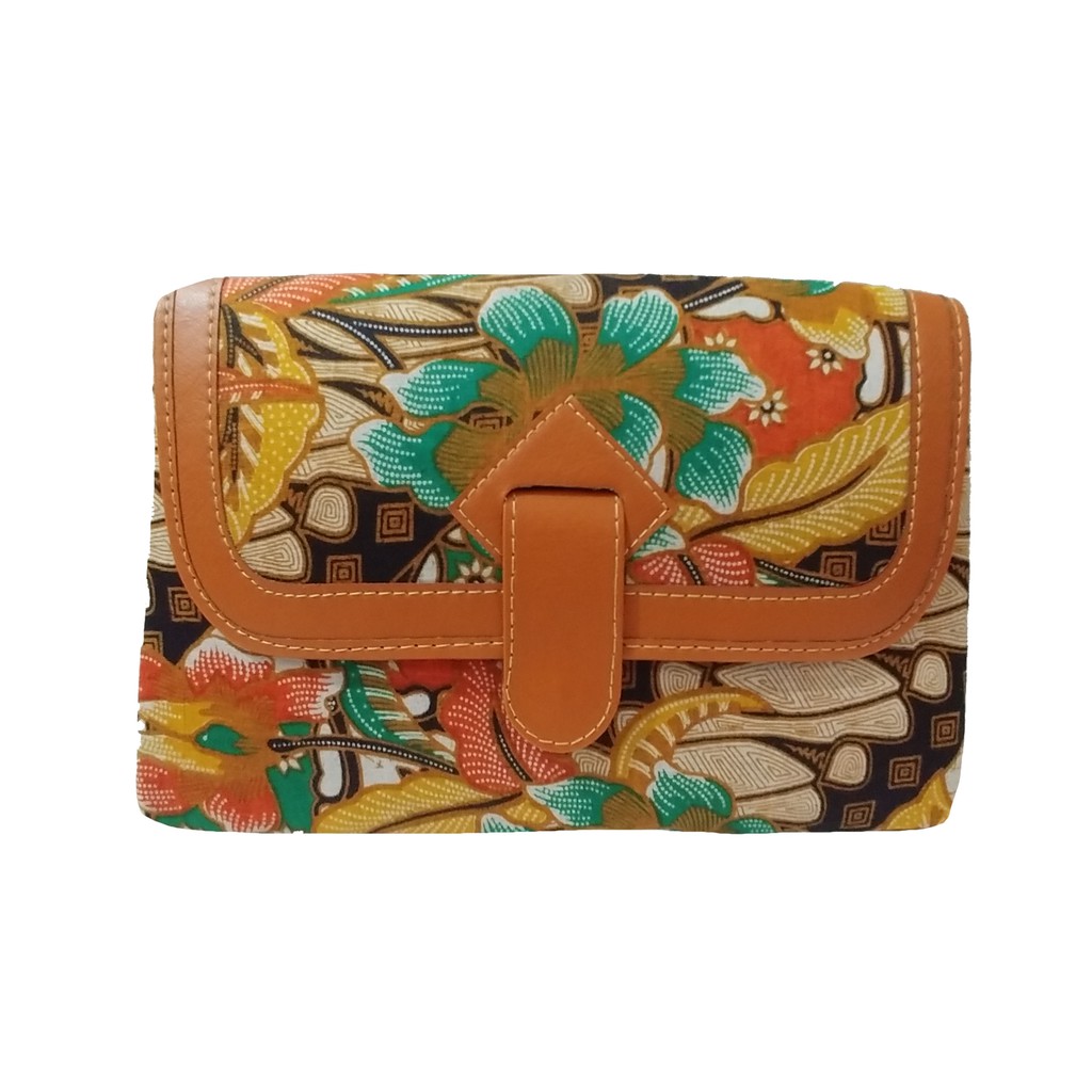 Tas Selempang Batik Cap Asli Orange - Hijau ( 100% HAND MADE )