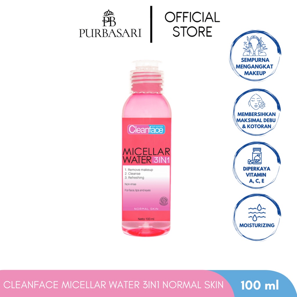 CLEANFACE Purbasari Micellar Water 3in1 Normal / Oily Skin 100ml - PEMBERSIH MAKE UP CLEANFACE