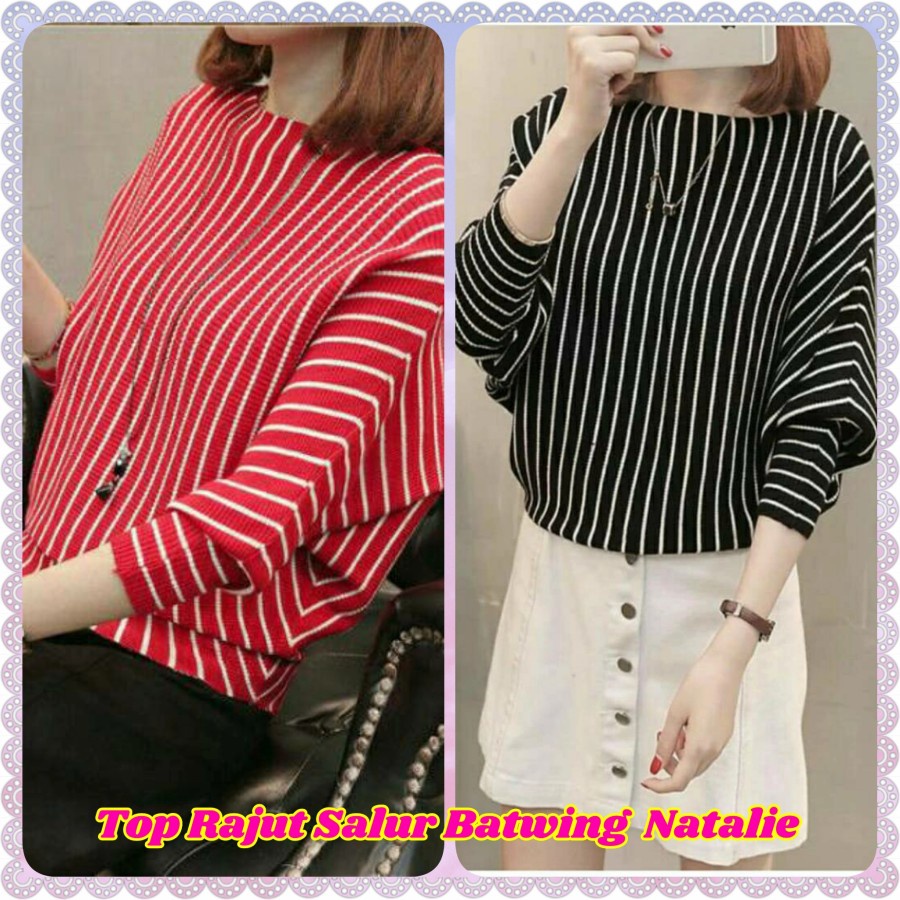 Baju Atasan Top Rajut Salur Batwing Natalie Wanita Remaja Korea Modern Murah Kekinian Terbaru 2023 B