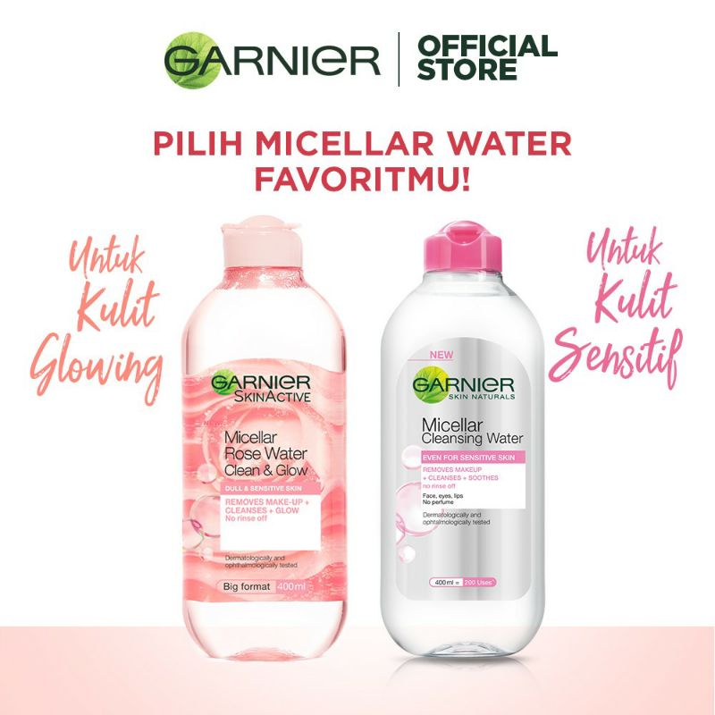 Garnier Micellar Rose Water Clean &amp; Glow Skin Care (Pembersih Wajah Untuk Kulit Glowing) 400 ml