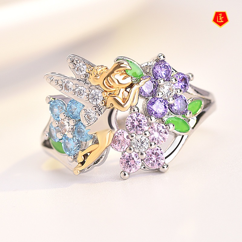 [Ready Stock]Golden Wings Elf Diamond-Studded Ring Fashion Creative Colored Gems