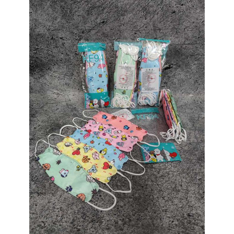 READY STOK 20 lbr MASKER KF94 KF ANAK ANAK CHILD MERK CAREION CARE ION CHASA ICARE I CARE. KF94 KF ANAK MOTIF BTS WARNA CAMPUR ISI 10