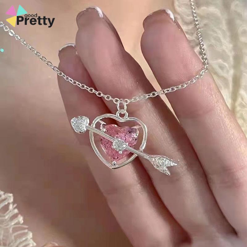 Perhiasan Kalung Bentuk Panah Hati Aksen Berlian Warna Pink Untuk Hadiah Ulang Tahun - PD