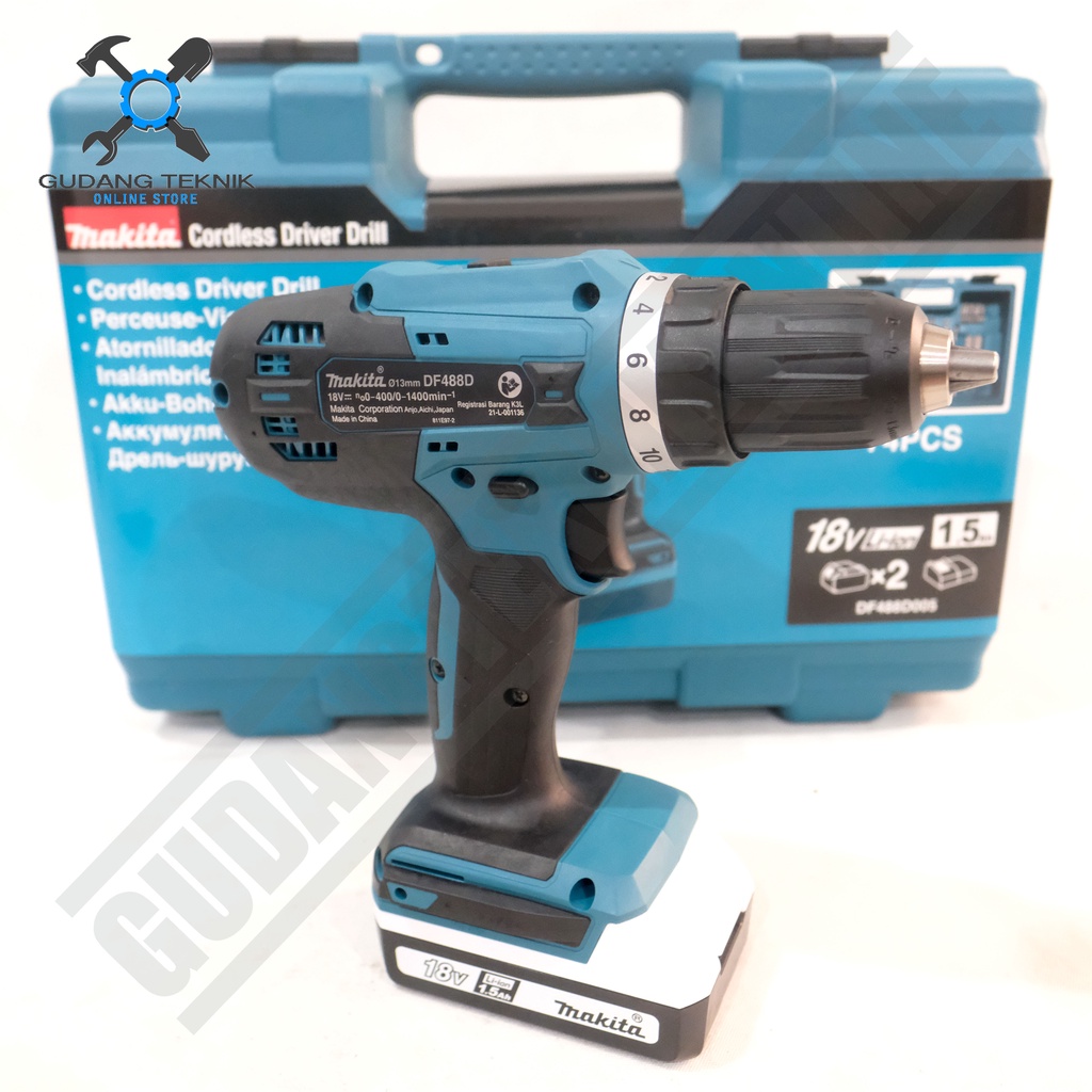 Mesin Bor CORDLESS 13mm MAKITA DF488 18V / Bor Tangan Besi Kayu Beton BATERAI DF 488 - Cordless Drill Driver