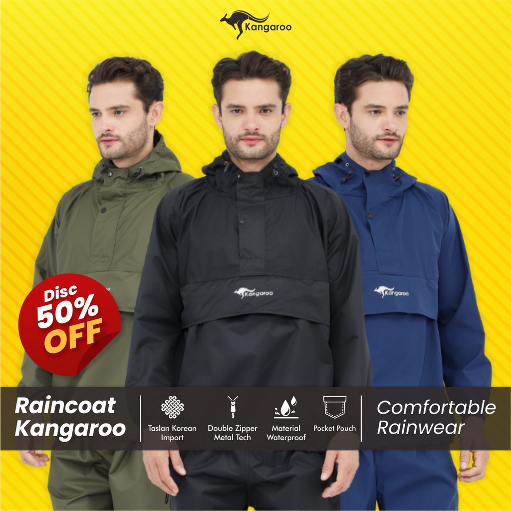 KANGAROO RAINCOAT Jas Hujan Kangguru Anti Bocor Jas Hujan Tebal Saku Kangguru Pria Wanita Dewasa Anti Air Bahan Taslan Import Original Setelan Jaket Jas kanguru Mantel Kangaro