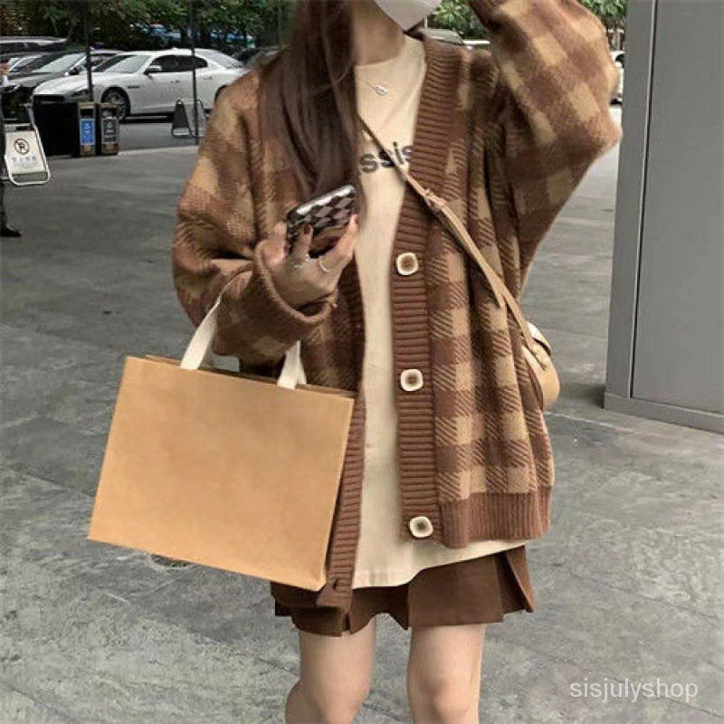 #Sisjuly# Wanita Longgar V-Neck Cardigan Sweater Kotak-kotak Vintage