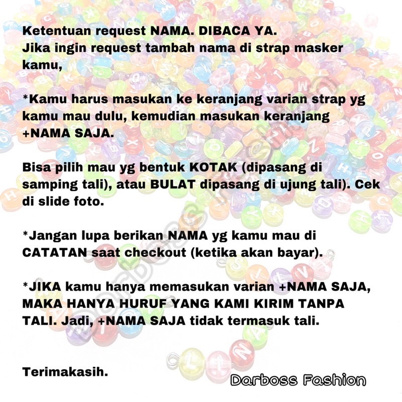 (PART 2 CR) Strap Masker 2 in 1 bisa CUSTOM NAMA / REQUEST NAMA/ konektor hijab Anak dan Dewasa / Tali Kalung Masker / Konektor Masker / Pengait Masker / Strap Masker Rantai / Clay lucu stopper warna / Tali Boba Elastis